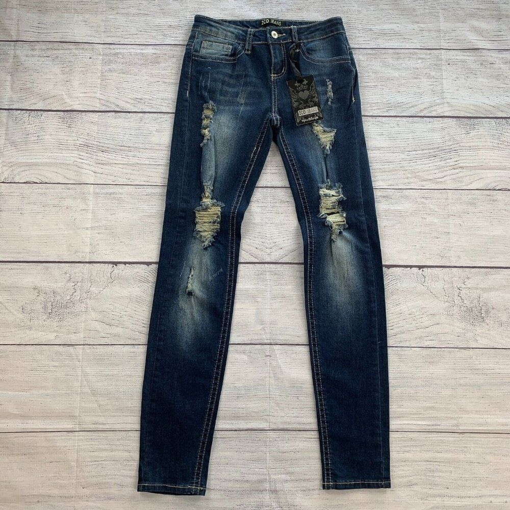 Zco Jeans sz 5 Skinny Distressed Destroyed Dark Wash Inseam 30.5" New NWT